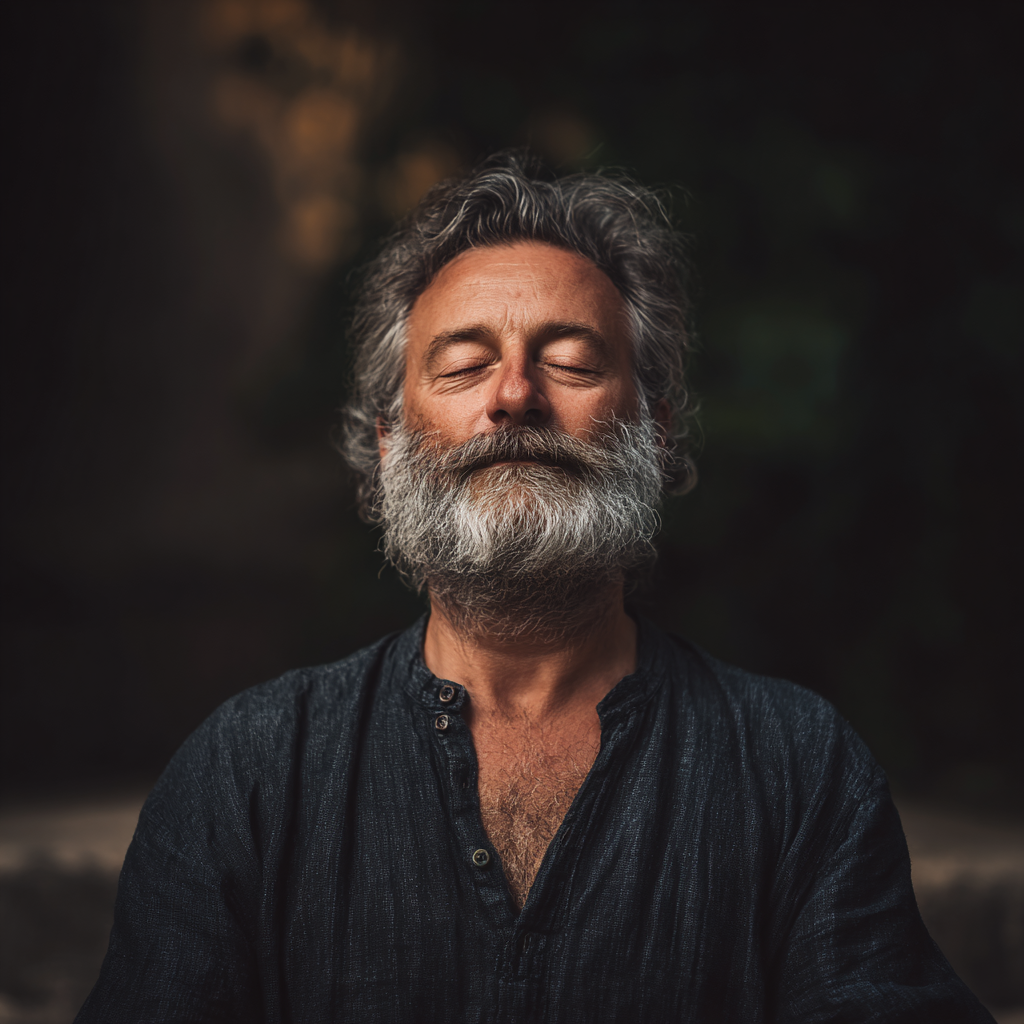 Mosolygós magyar nő jóga pózban, természetes környezetben, békés arckifejezéssel