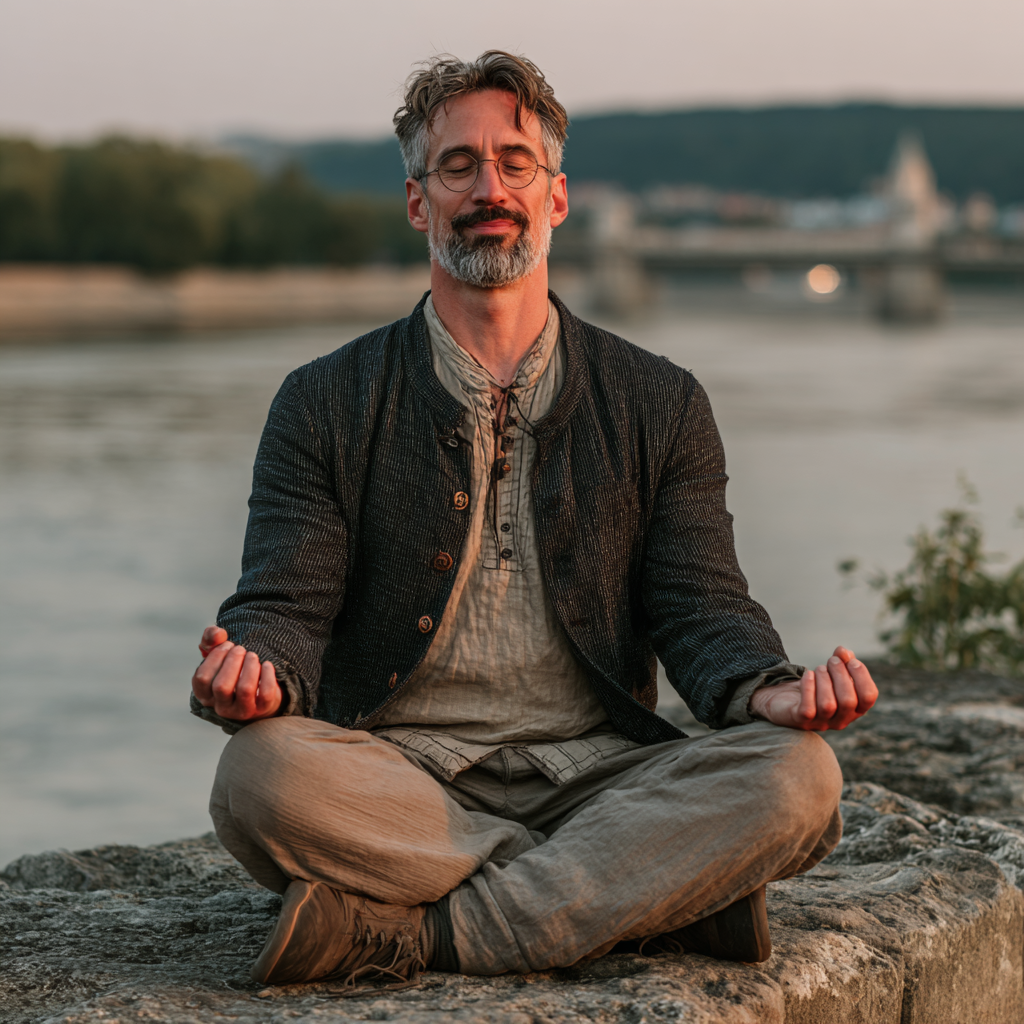 Középkorú magyar férfi meditációs pózban, nyugodt környezetben, relaxált arckifejezéssel