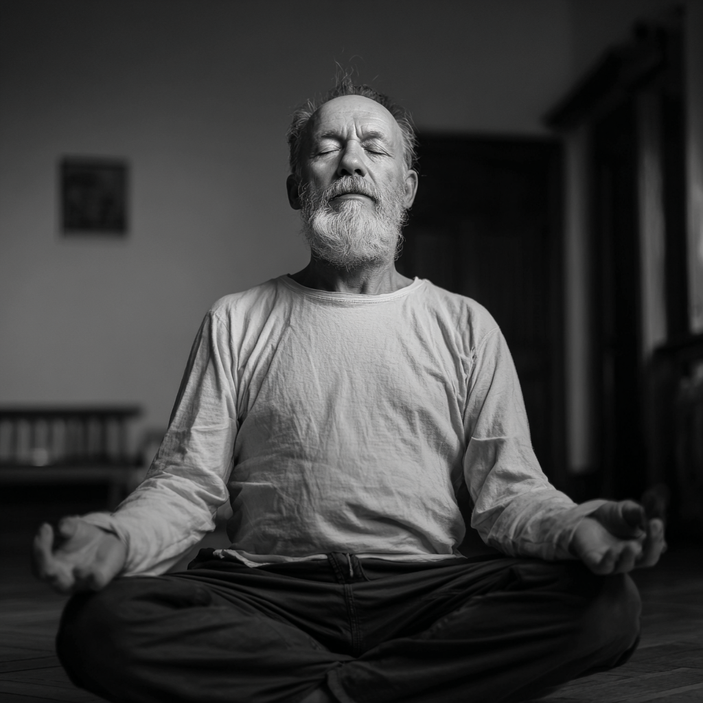 Idősebb magyar hölgy jóga gyakorlat közben, természetes fényben, vidám, elégedett arckifejezéssel